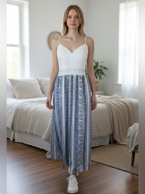 J for Justify Dresses & Skirts - J for Justify Cream Crochet Bodice Blue Striped Maxi Dress